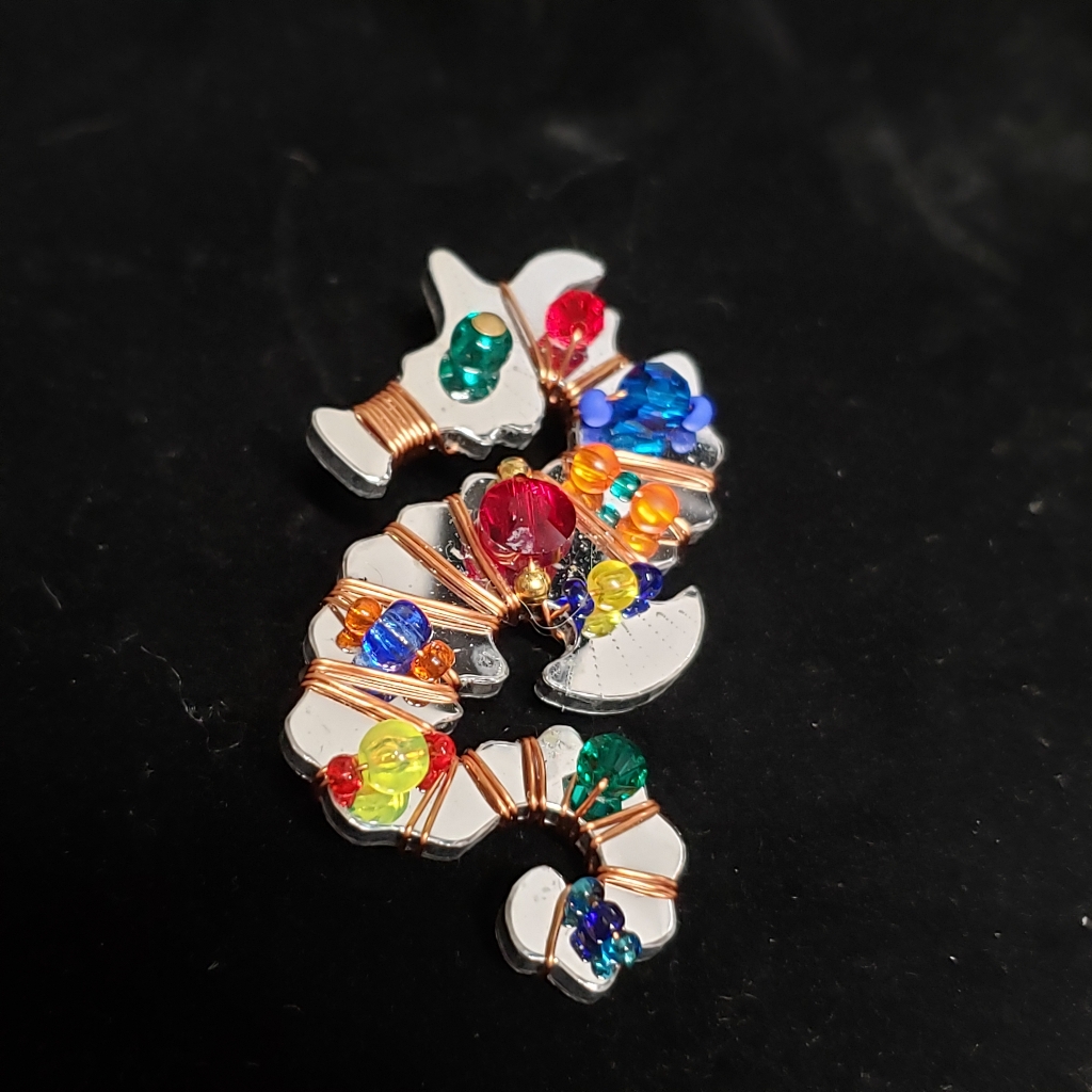 Liztech Artisan Seahorse Brooch Pin Signed Colors Red Green Blue Yellow